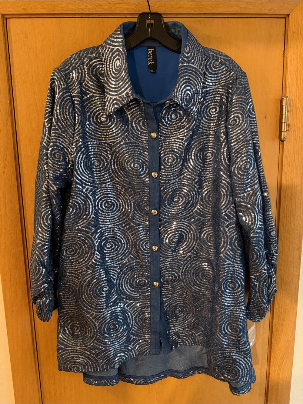 Berek Women’s Sequin Spiral Button-Front Shirt Jacket Blue Size Large